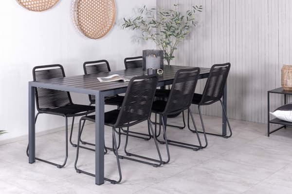 Break hagesett bord 90x205cm svart, 6 stoler Lindos svart.