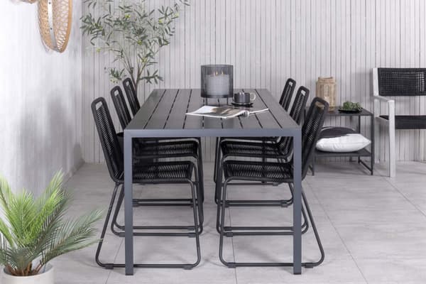Break hagesett bord 90x205cm svart, 6 stoler Lindos svart.