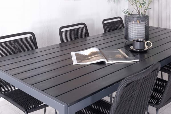 Break hagesett bord 90x205cm svart, 6 stoler Lindos svart.