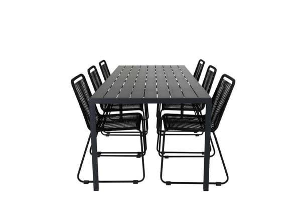 Break hagesett bord 90x205cm svart, 6 stoler Lindos svart.