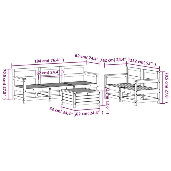 vidaXL Hagesofasett 6 deler hvit heltre furu