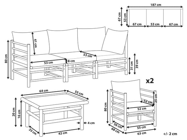 Hage Modulært Hagesofasett Taupe Bambusputer 3-seters Sofa 2 Lenestoler med Sofabord Boho Design Utendørs Samtalesett