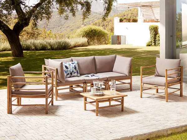 Hage Modulært Hagesofasett Taupe Bambusputer 3-seters Sofa 2 Lenestoler med Sofabord Boho Design Utendørs Samtalesett