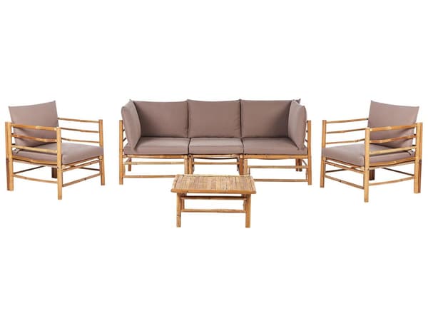 Hage Modulært Hagesofasett Taupe Bambusputer 3-seters Sofa 2 Lenestoler med Sofabord Boho Design Utendørs Samtalesett