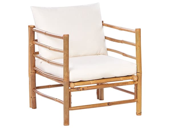 Hagesofasett Off-White Bambusputer 3-seters Sofa 2 Lenestoler med Sofabord Boho Design Utendørs Samtalesett