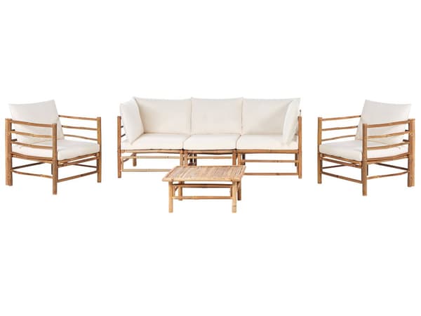 Hagesofasett Off-White Bambusputer 3-seters Sofa 2 Lenestoler med Sofabord Boho Design Utendørs Samtalesett