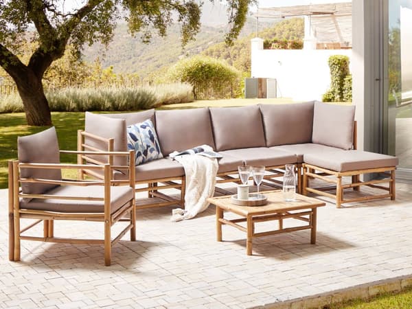 Hage Modulær Hjørnesofa med Taupe Bambusputer 5 seter med Lenestol og Sofabord Boho Design Utendørs Samtalesett