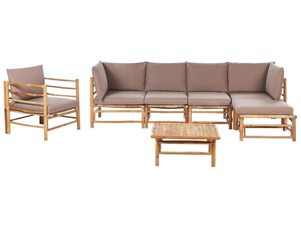 Hage Modulær Hjørnesofa med Taupe Bambusputer 5 seter med Lenestol og Sofabord Boho Design Utendørs Samtalesett