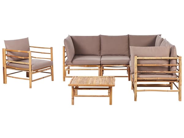 Hage Modulær Hjørnesofa med Taupe Bambusputer 5 seter med Lenestol og Sofabord Boho Design Utendørs Samtalesett