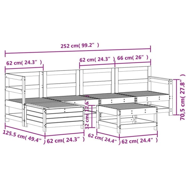 vidaXL Hagesofasett 6 deler hvit heltre furu