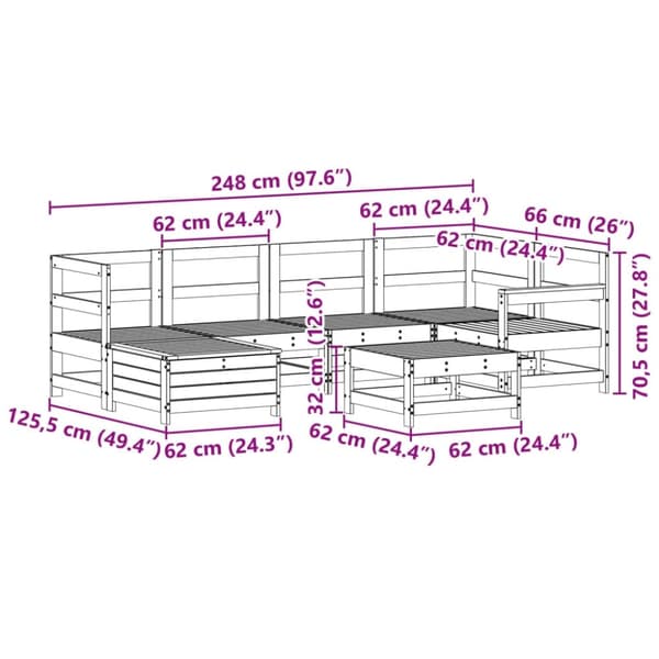 vidaXL Hagesofasett 7 deler hvit heltre furu
