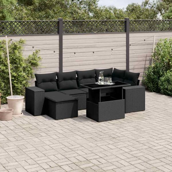 vidaXL sofasæt til haven 7 dele med hynder polyrattan sort