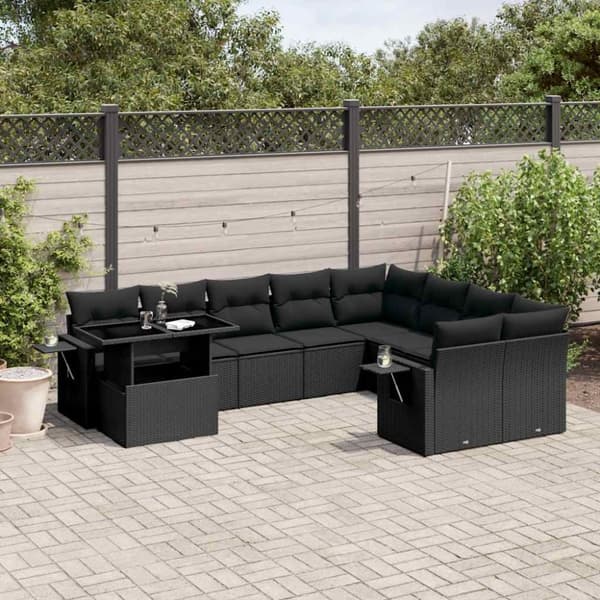 vidaXL sofasæt til haven 10 dele med hynder polyrattan sort