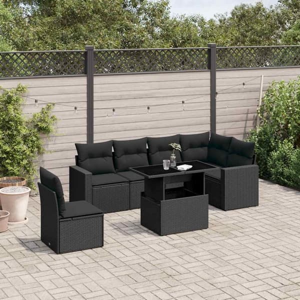 vidaXL sofasæt til haven 7 dele med hynder polyrattan sort