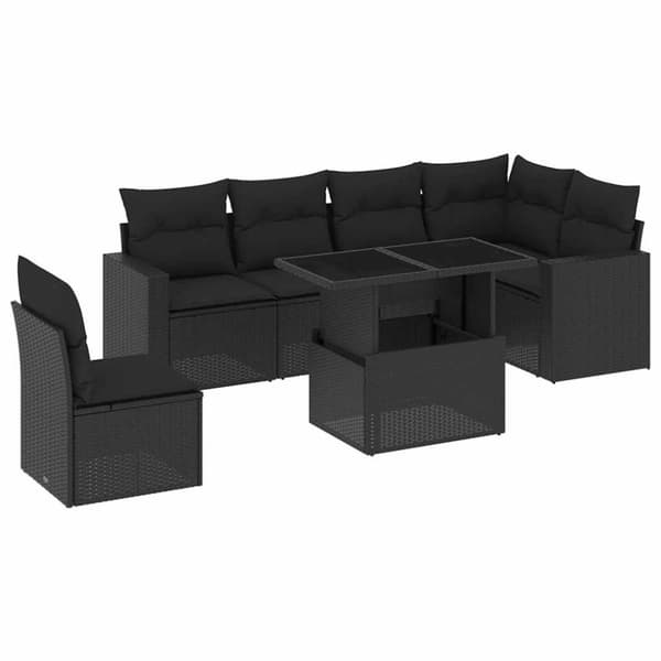 vidaXL sofasæt til haven 7 dele med hynder polyrattan sort