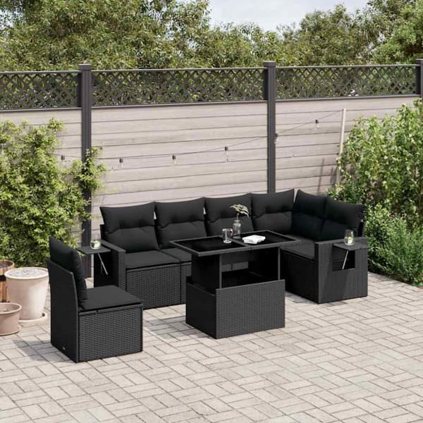 vidaXL sofasæt til haven 7 dele med hynder polyrattan sort