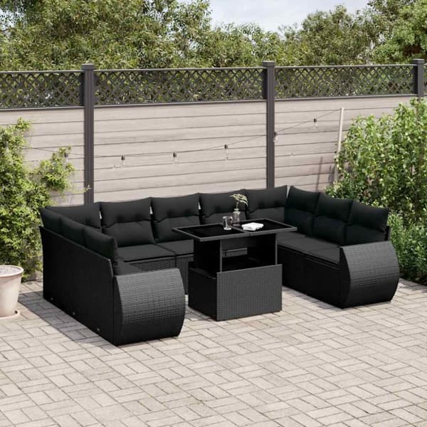 vidaXL sofasæt til haven 10 dele med hynder polyrattan sort
