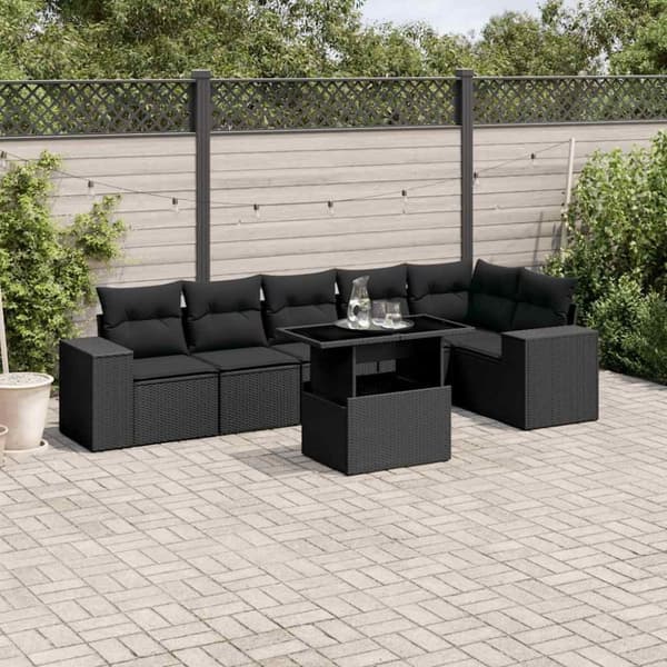 vidaXL sofasæt til haven 7 dele med hynder polyrattan sort
