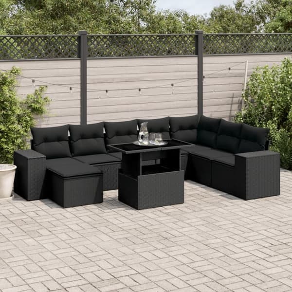 vidaXL sofasæt til haven 9 dele med hynder polyrattan sort