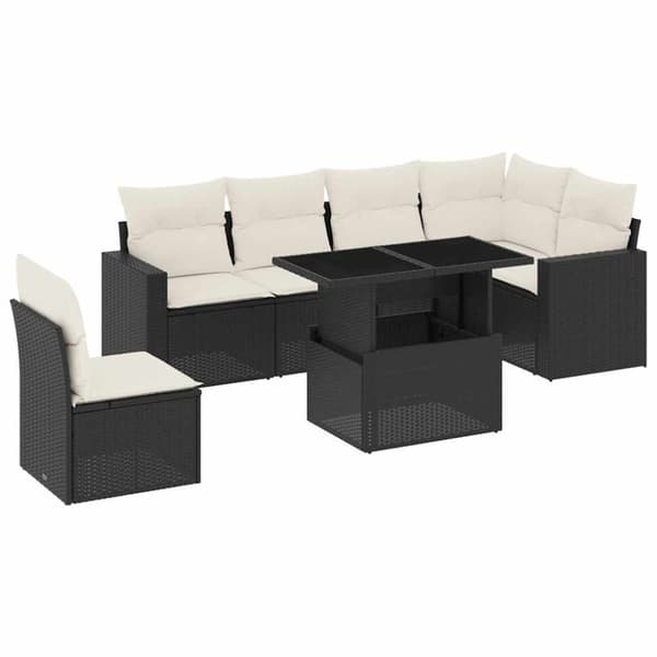 vidaXL sofasæt til haven 7 dele med hynder polyrattan sort