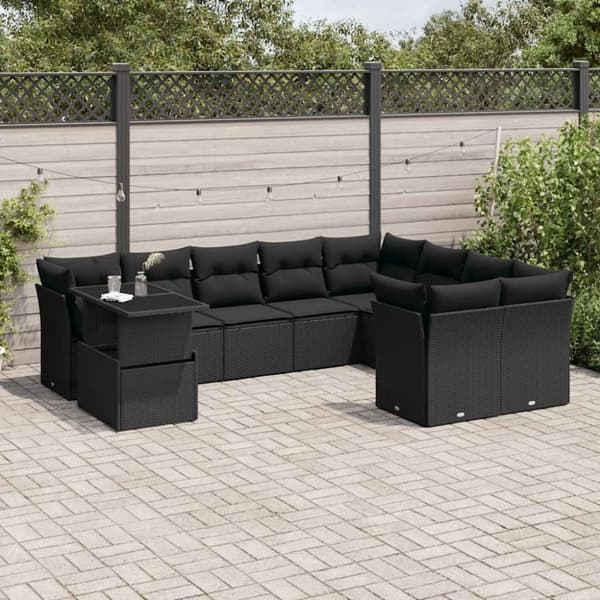 vidaXL sofasæt til haven 10 dele med hynder polyrattan sort