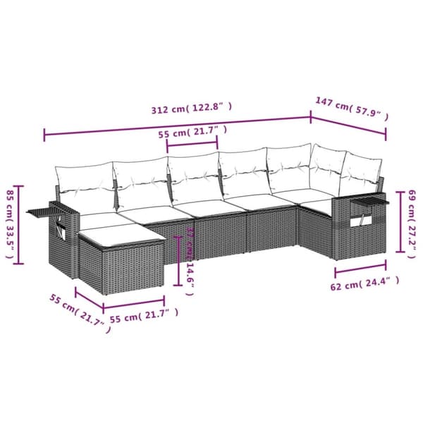 vidaXL sofasæt til haven 7 dele med hynder polyrattan brun