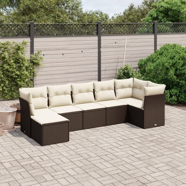 vidaXL sofasæt til haven 7 dele med hynder polyrattan brun
