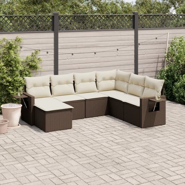 vidaXL sofasæt til haven 7 dele med hynder polyrattan brun