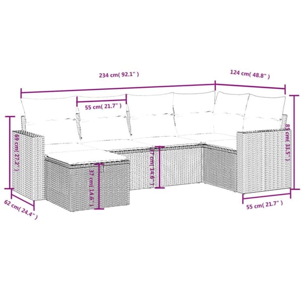 vidaXL sofasæt til haven 6 dele med hynder polyrattan brun