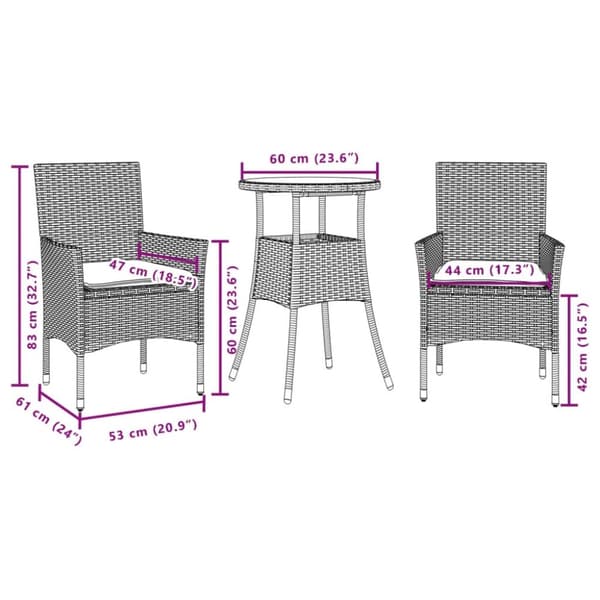 vidaXL spisebordssæt til haven 3 dele med hynder polyrattan og glas