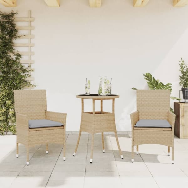 vidaXL spisebordssæt til haven 3 dele med hynder polyrattan og glas