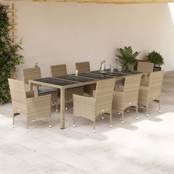 vidaXL spisebordssæt til haven 9 dele med hynder polyrattan og glas