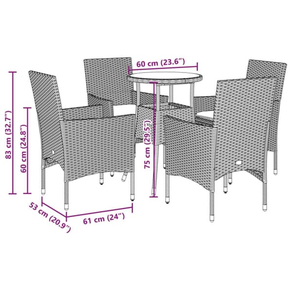 vidaXL spisebordssæt til haven 5dele med hynder polyrattan og glas grå