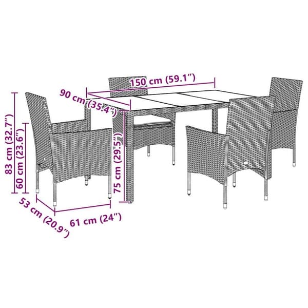 vidaXL spisebordssæt til haven 5 dele med hynder polyrattan og glas