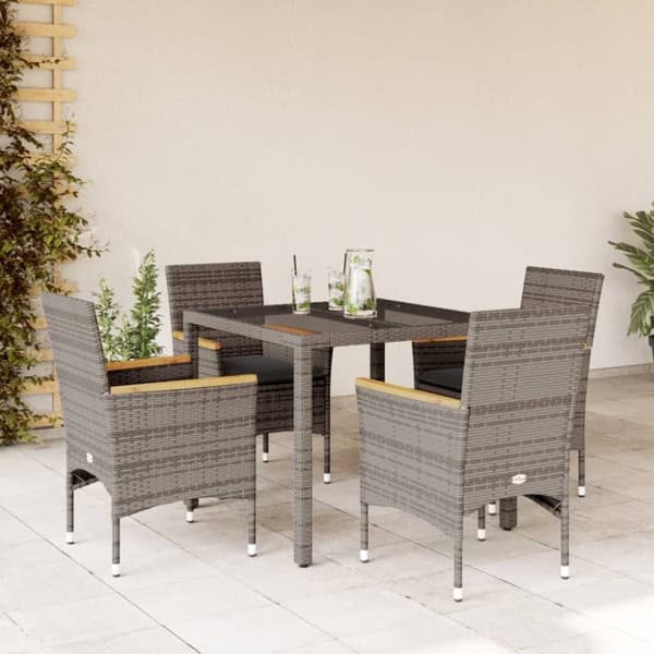vidaXL spisebordssæt til haven 5dele med hynder polyrattan og glas grå