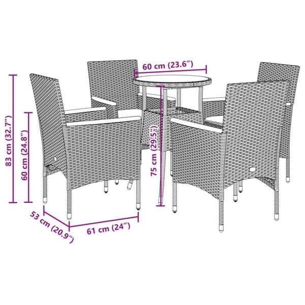 vidaXL spisebordssæt til haven 5 dele med hynder polyrattan og glas