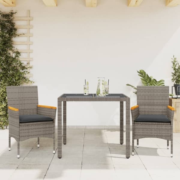 vidaXL spisebordssæt til haven 3dele med hynder polyrattan og glas grå