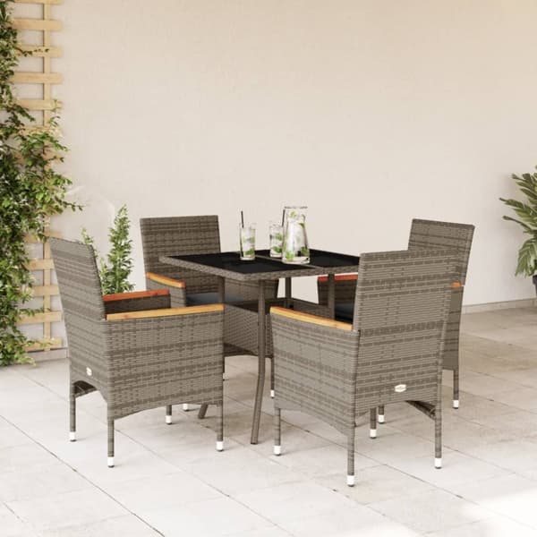 vidaXL spisebordssæt til haven 5dele med hynder polyrattan og glas grå