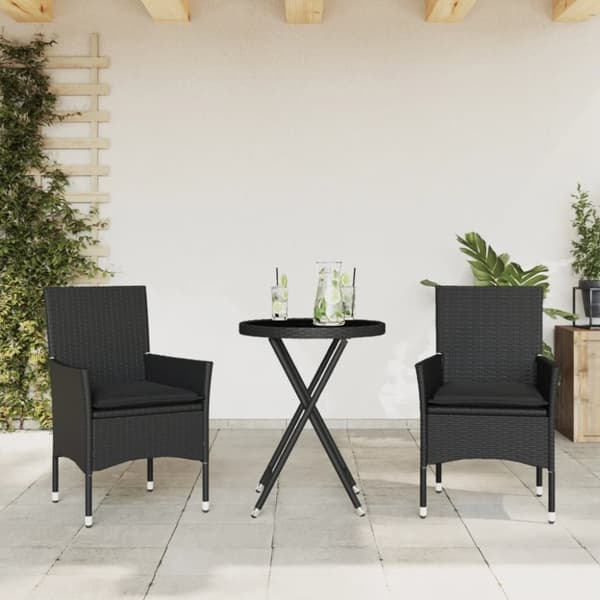 vidaXL bistrosæt til haven 3 dele med hynder polyrattan og glas sort
