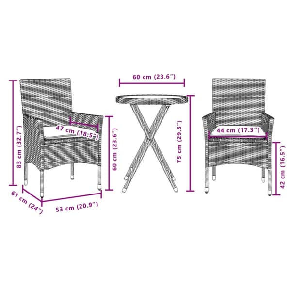 vidaXL bistrosæt til haven 3 dele med hynder polyrattan og glas sort