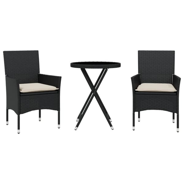 vidaXL bistrosæt til haven 3 dele med hynder polyrattan og glas sort