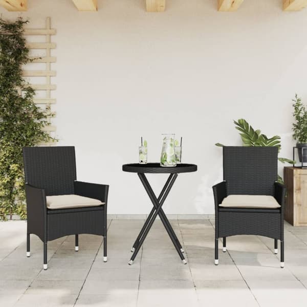 vidaXL bistrosæt til haven 3 dele med hynder polyrattan og glas sort