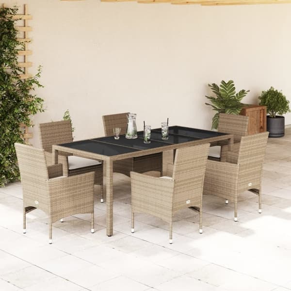 vidaXL spisebordssæt til haven 7 dele med hynder polyrattan og glas