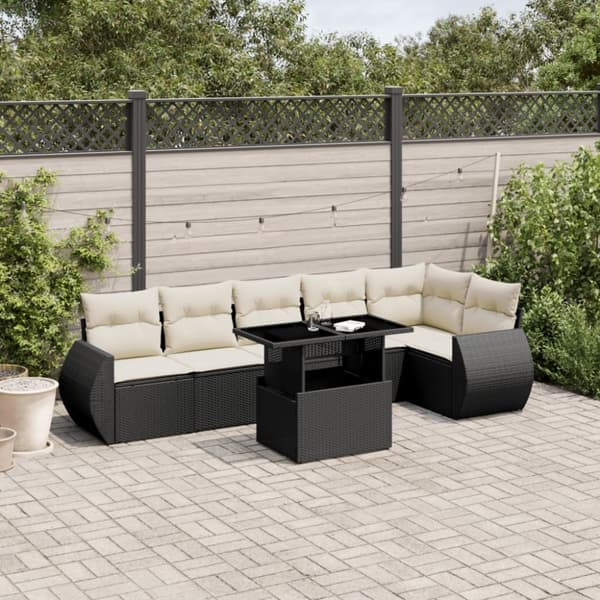 vidaXL sofasæt til haven 7 dele med hynder polyrattan sort