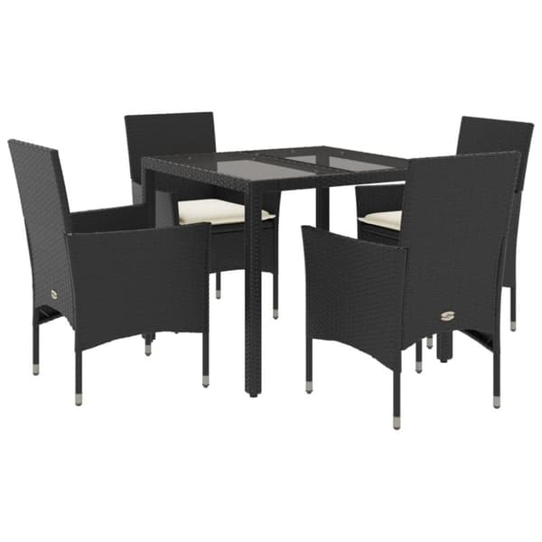 vidaXL spisebordssæt til haven 5dele m. hynder polyrattan og glas sort