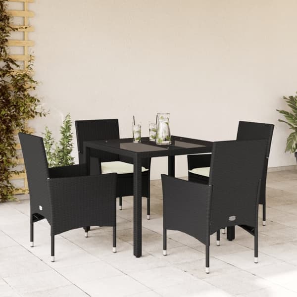 vidaXL spisebordssæt til haven 5dele m. hynder polyrattan og glas sort