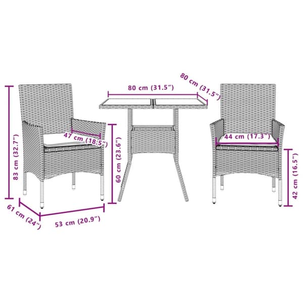vidaXL spisebordssæt til haven 3dele m. hynder polyrattan og glas sort