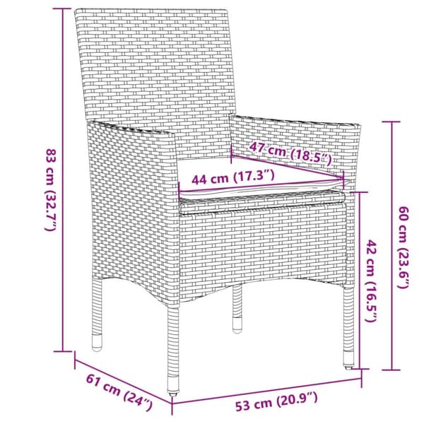 vidaXL spisebordssæt til haven 3dele m. hynder polyrattan og glas sort