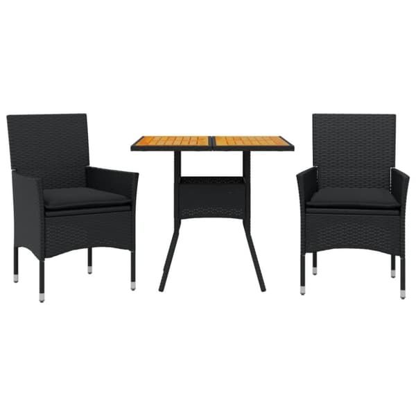 vidaXL spisebordssæt til haven 3dele m. hynder polyrattan og glas sort