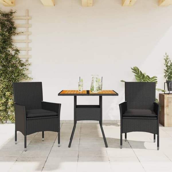 vidaXL spisebordssæt til haven 3dele m. hynder polyrattan og glas sort